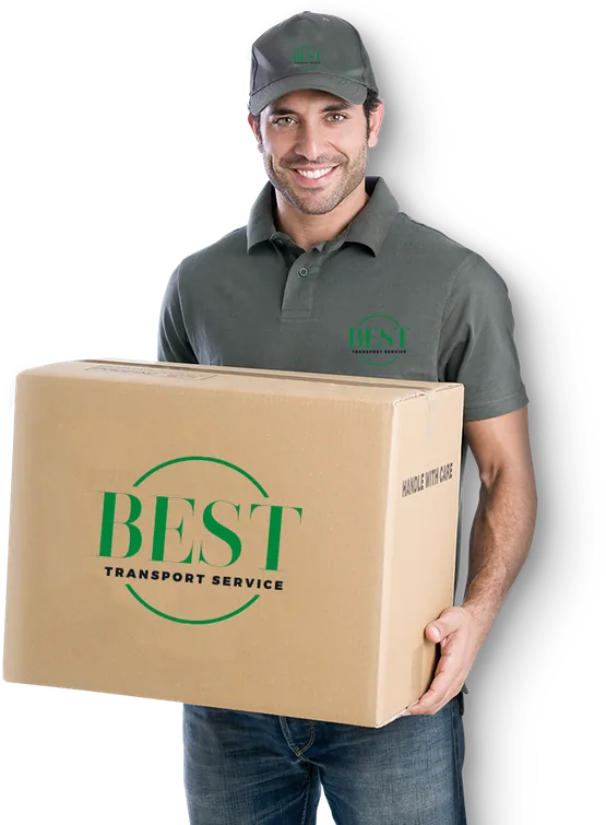 Mann in BEST-Transport-Kleidung trägt einen Umzugskarton mit BEST-Logo